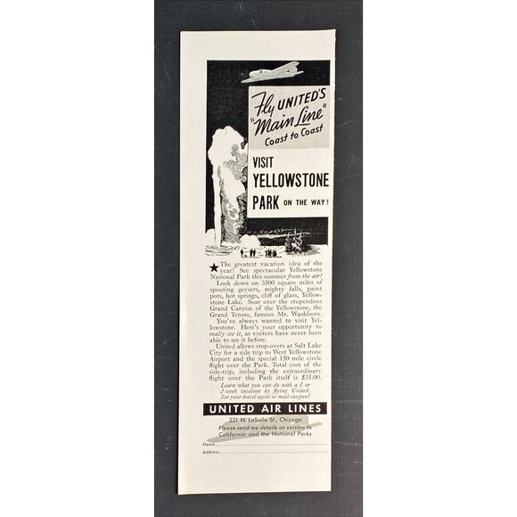 United Air Lines Fly United's "Main Line Coast to Coast Visit Yellowstone Ad '36 - Picture 3 of 3